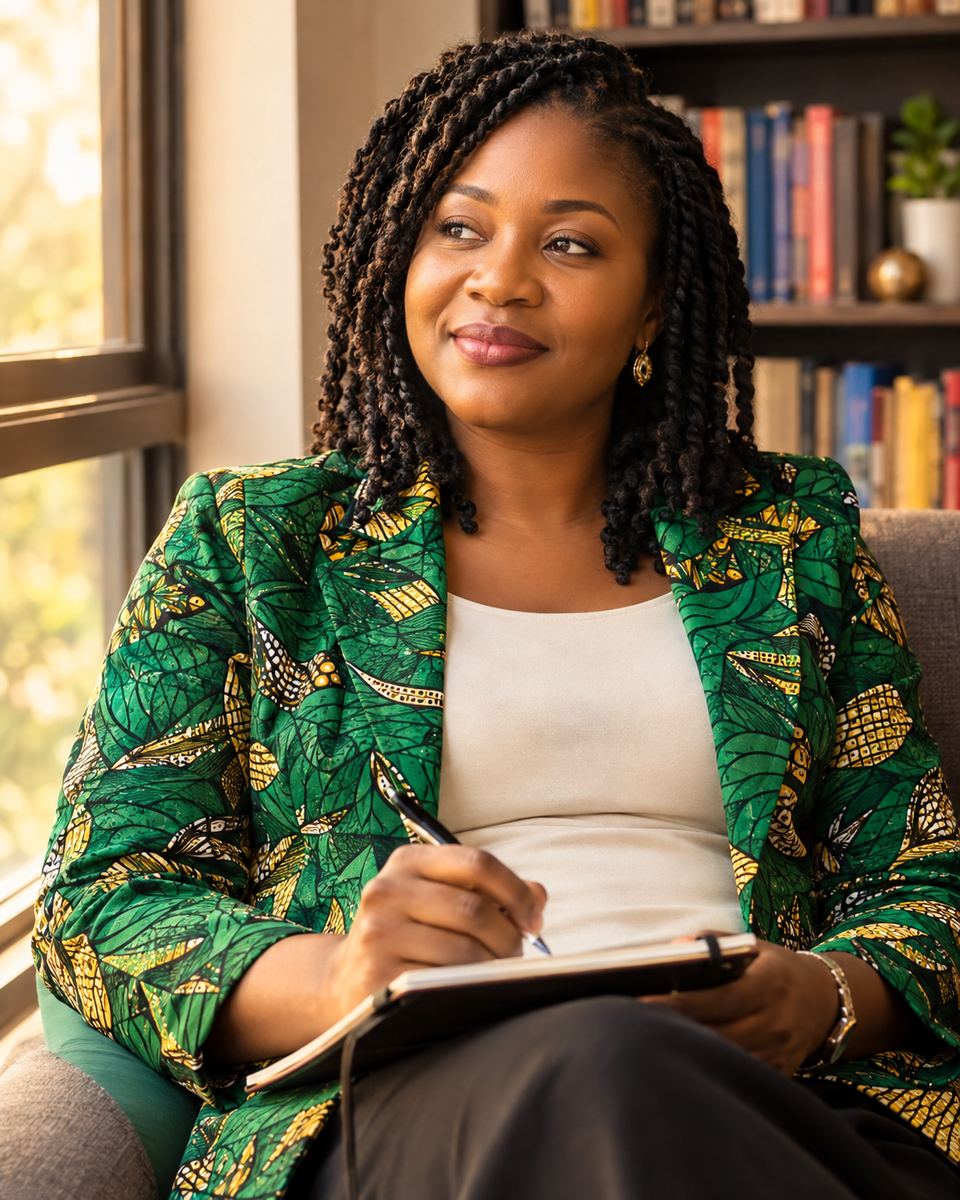 Portrait of the author of The Harmattan Hour, seated by a window in warm light